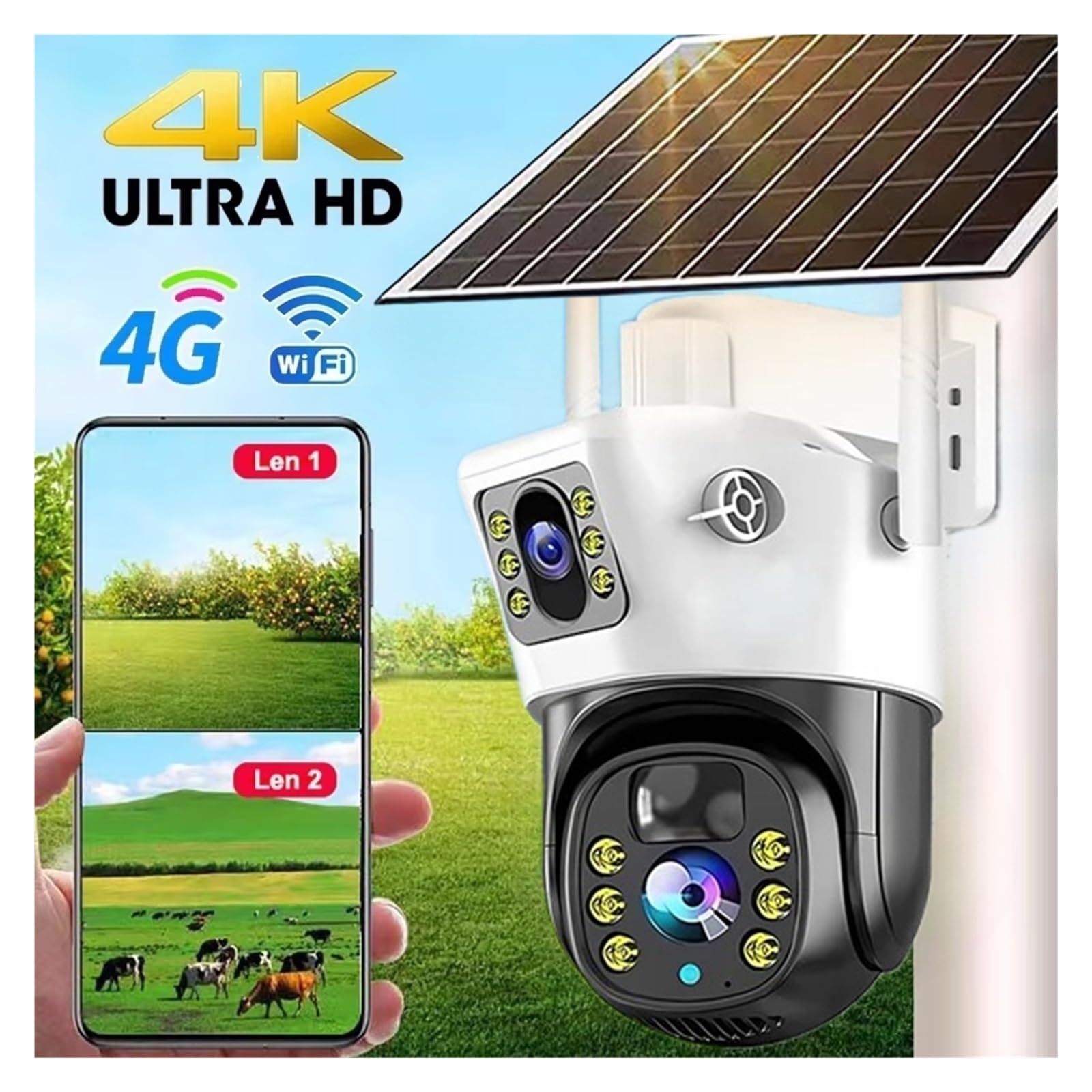 Caméra IP Solaire 4G WiFi Double Objectifs 8MP 4K V380 Pro Extérieure