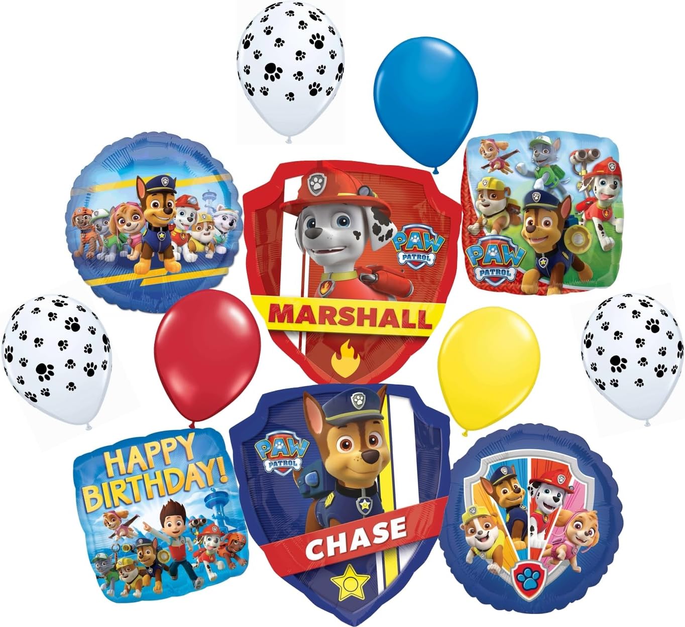 Anagram Paw Pups on Patrol Chase and Marshall Birthday Party Supplies Police and Fire Rescue Badge Balloon Bouquet Decorations