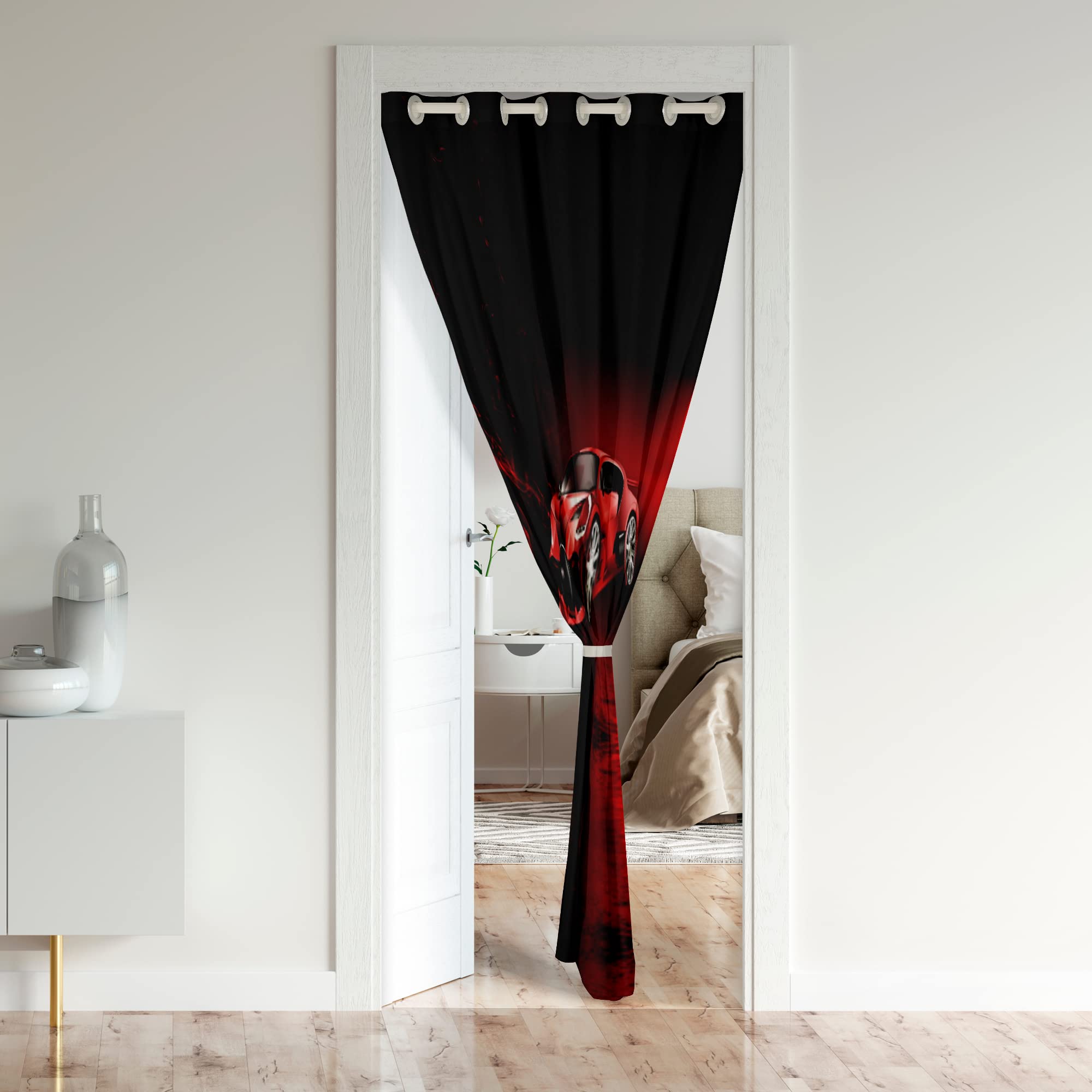 Loussiesd Race Car Door Curtain for Doorway Privacy Speed Sports Car Closet Door Cover Curtain for Bedroom Living Room Extreme Sports Red Black Room Divider Curtain Cover 150x203cm 1 Panel - Image 2