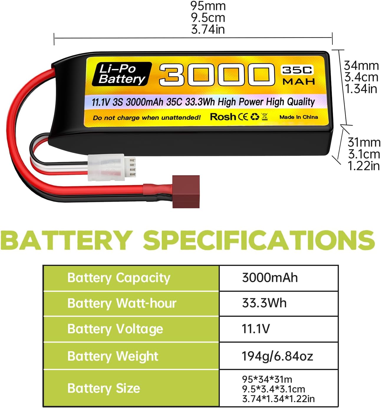 sea jump 3S Lipo Battery 11.1V 3000mAh 35C with T Plug and USB Charging Cable Suitable for RC Car, Truck, Remote Control Boat, RC Quadcopter Aircraft, FPV Drone Battery