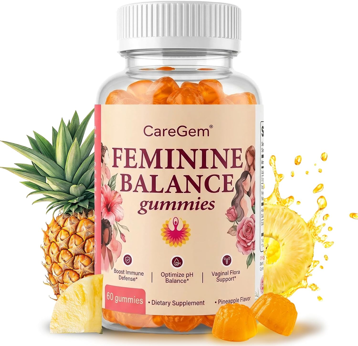 Feminine Probiotics Gummies – pH Balance for Women & Vaginal Health – Pineapple Probiotics with Bacillus Coagulans – Odor Control & Flora Support – 60 Gummies