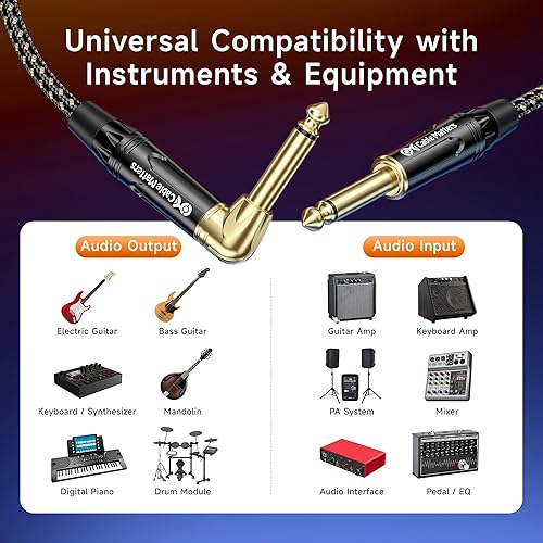 Miniatura 4 de Cable Matters Paquete de 2 cables trenzados TS para instrumentos eléctricos de ángulo recto de 14 de pulgada, 10 pies rectos a ángulo recto,