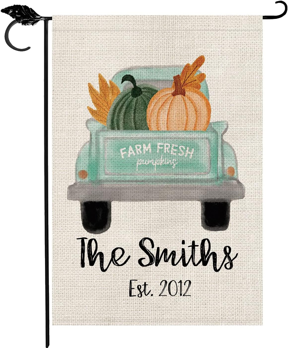 Smile Personalized Fall House Flag, Farm Fresh Pumpkins Customized Family Last Name and Year, Double Sided 28 x 40 Inch Rustic Farmhouse Burlap Yard Outdoor Decoration