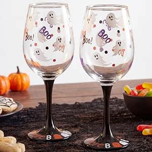 SiliFine Hand-Painted Halloween Ghost Wine Glasses, Set of 2