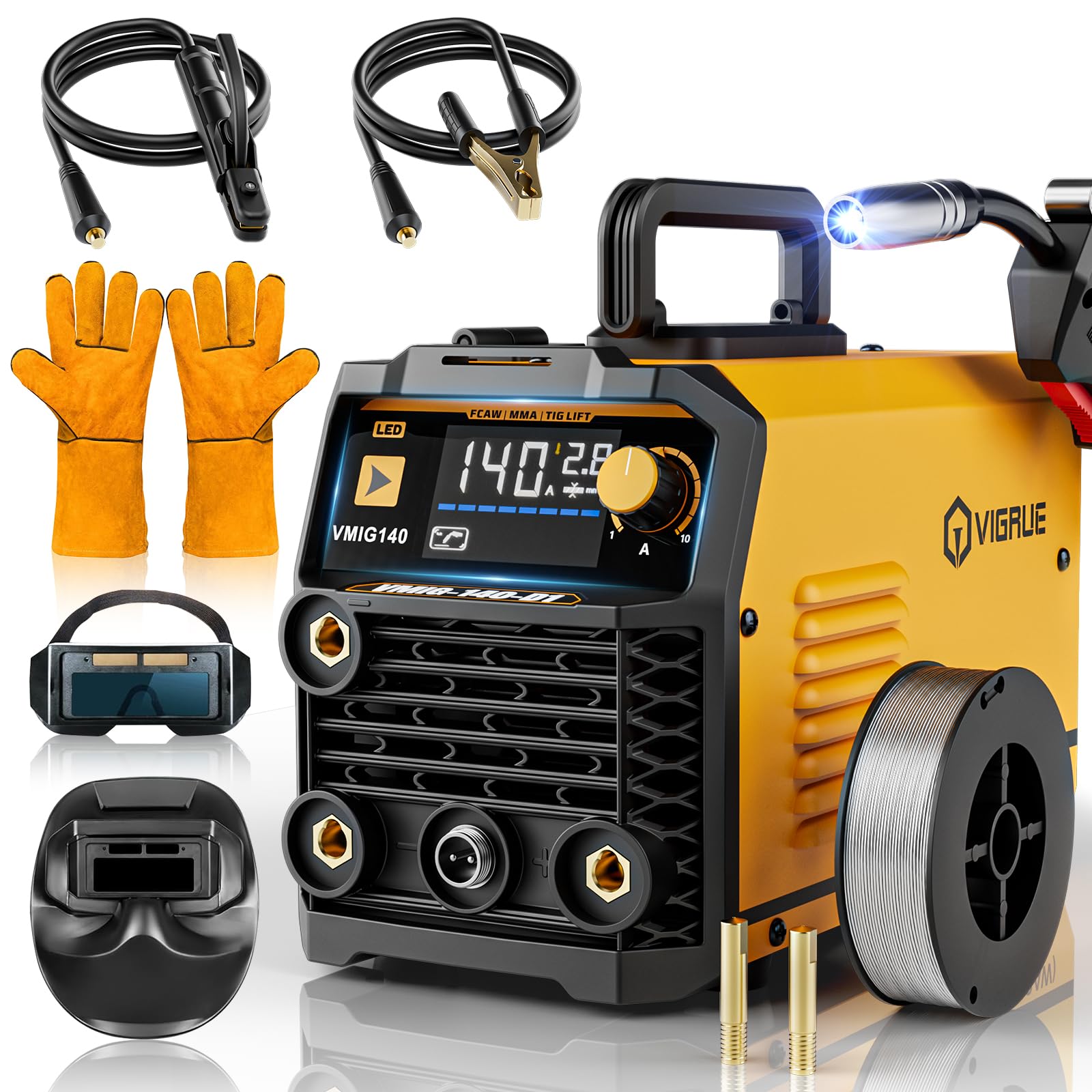 VIGRUE 140A MIG Welder, 110V Flux Core/Stick/Lift MIG 3 in 1 Welding Machine with Large Digital Screen Display & Welding Mask & Gloves - image 1