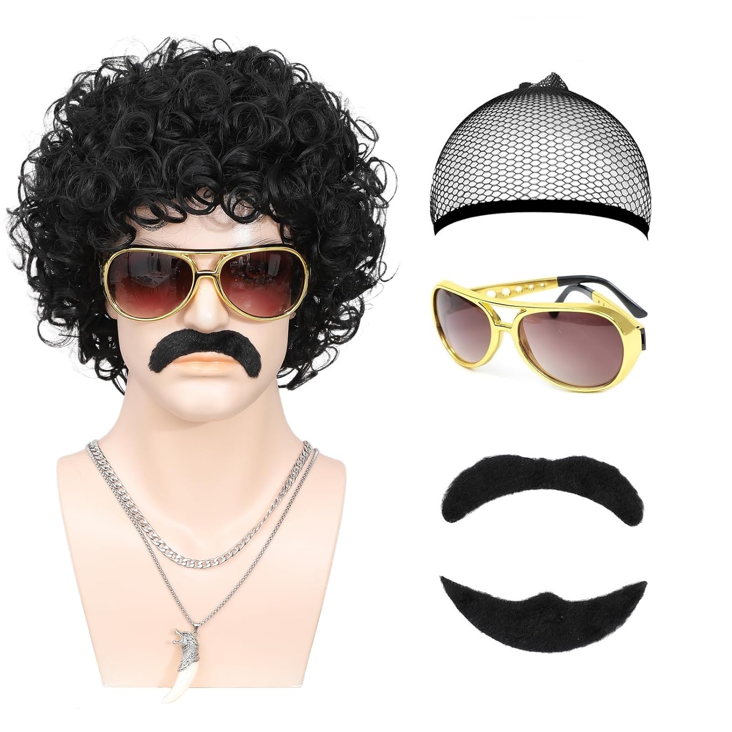 70s 80s Disco Wig 6pcs Set Short Afro Curly Wigs for Retro Disco Outfit Men Party Hippies Rocker Cosplay Costume (Black)