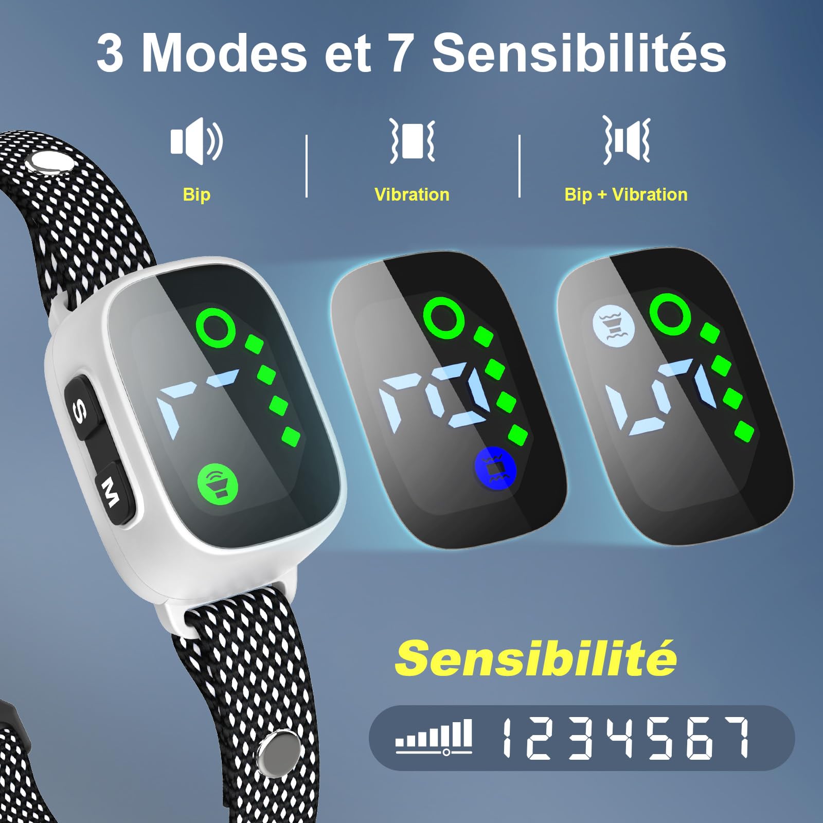 PcEoTllar Collar Antiladridos Perros, Collares Antiladridos para Perros Recargable, Detección Inteligente de Ladridos con Vibración/Sonido/Sonido más Vibración, Sensibilidad Ajustables, Blanco