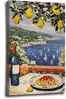Coastal dining canvas painting rustic table setting unopened wine bottle golden liquid glass ceramic plate terracotta railing overlooking the blue sea rugged cliffs verdant hills home go wall decor