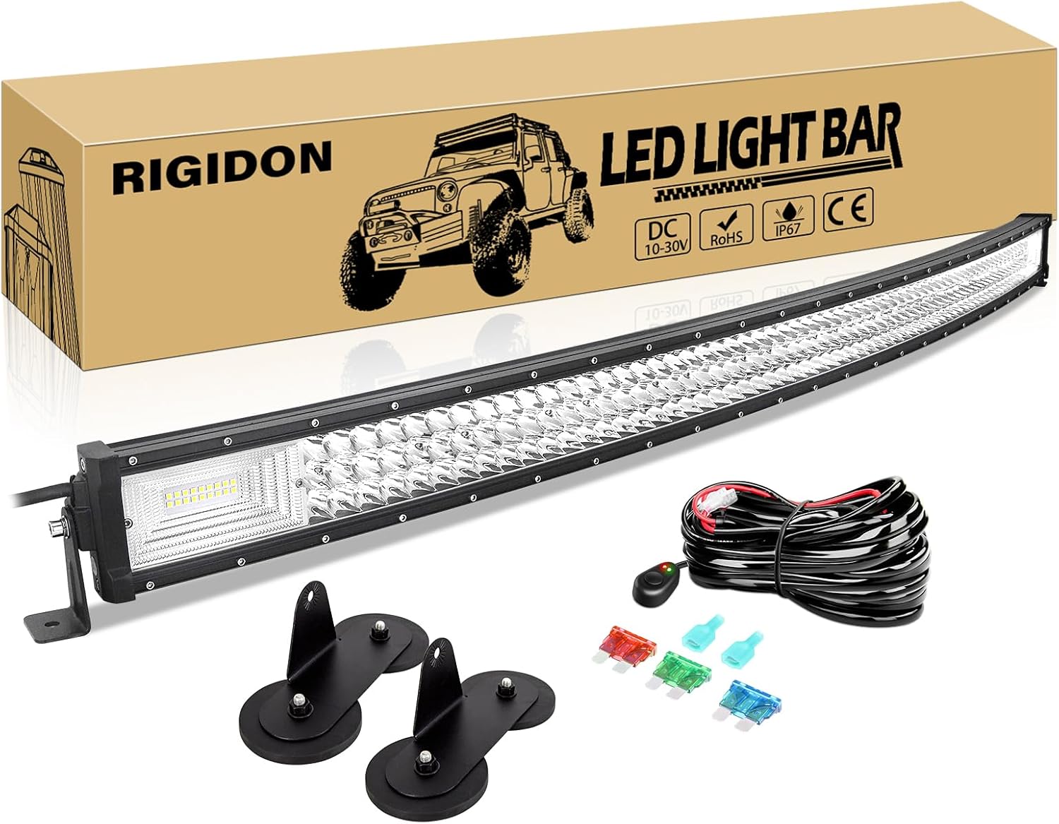 RIGIDON 52 Inch 675W Curved Light Bar with Magnetic Mount Brackets, Triple Row Flood Spot Combo 67500LM LED Light Bar Waterproof Driving Boat Road LED Work Light with Wire Harness for ATV UTV Truck