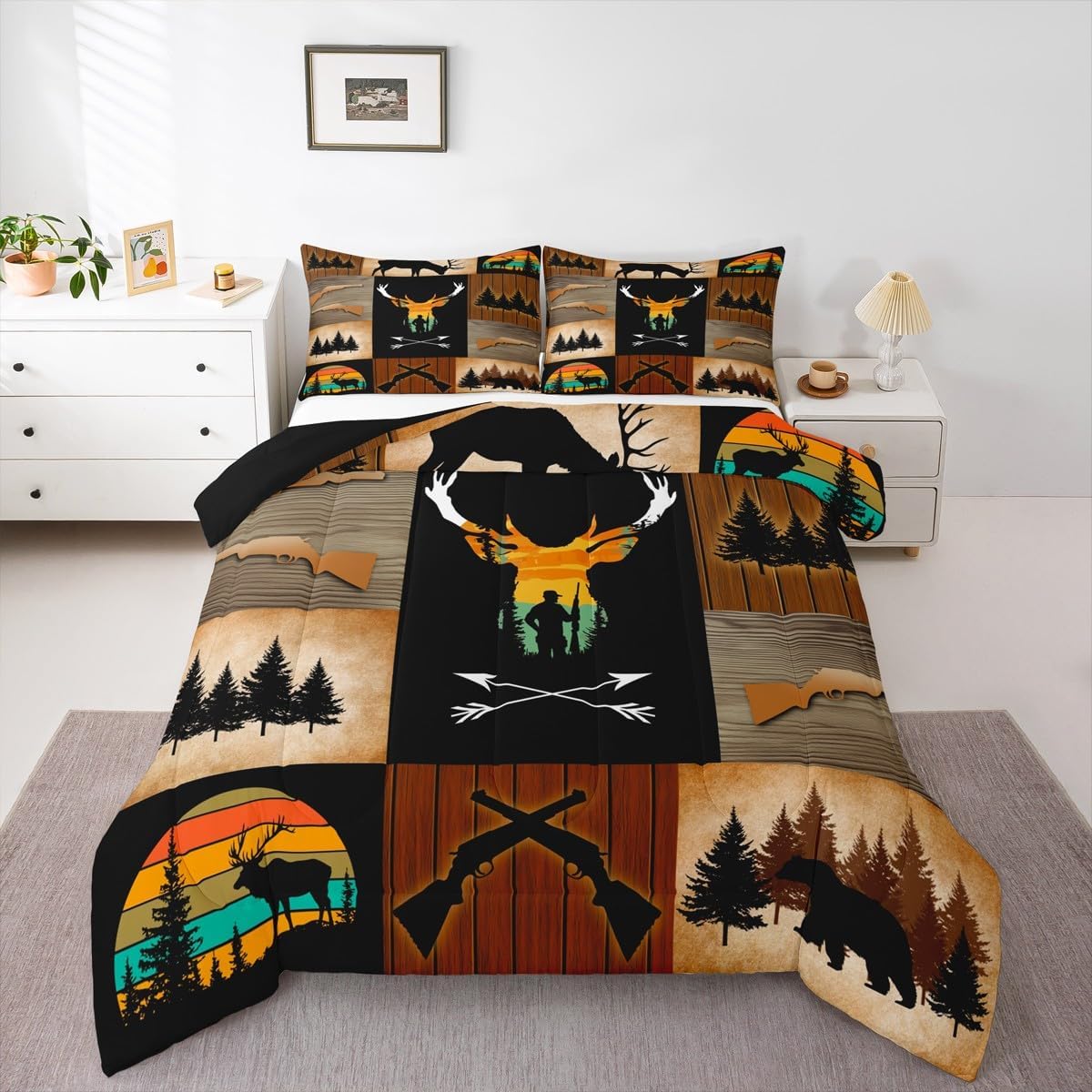 Feelyou Deer Hunting Comforter Set for Kids Boys Girls,Queen Size,Wildlife Deer Bear Wolf Bedding Set,Wild Animal Plaid Design Duvet Quilt,Western Farmhouse Comforter,Wooden Board Bedroom Decor