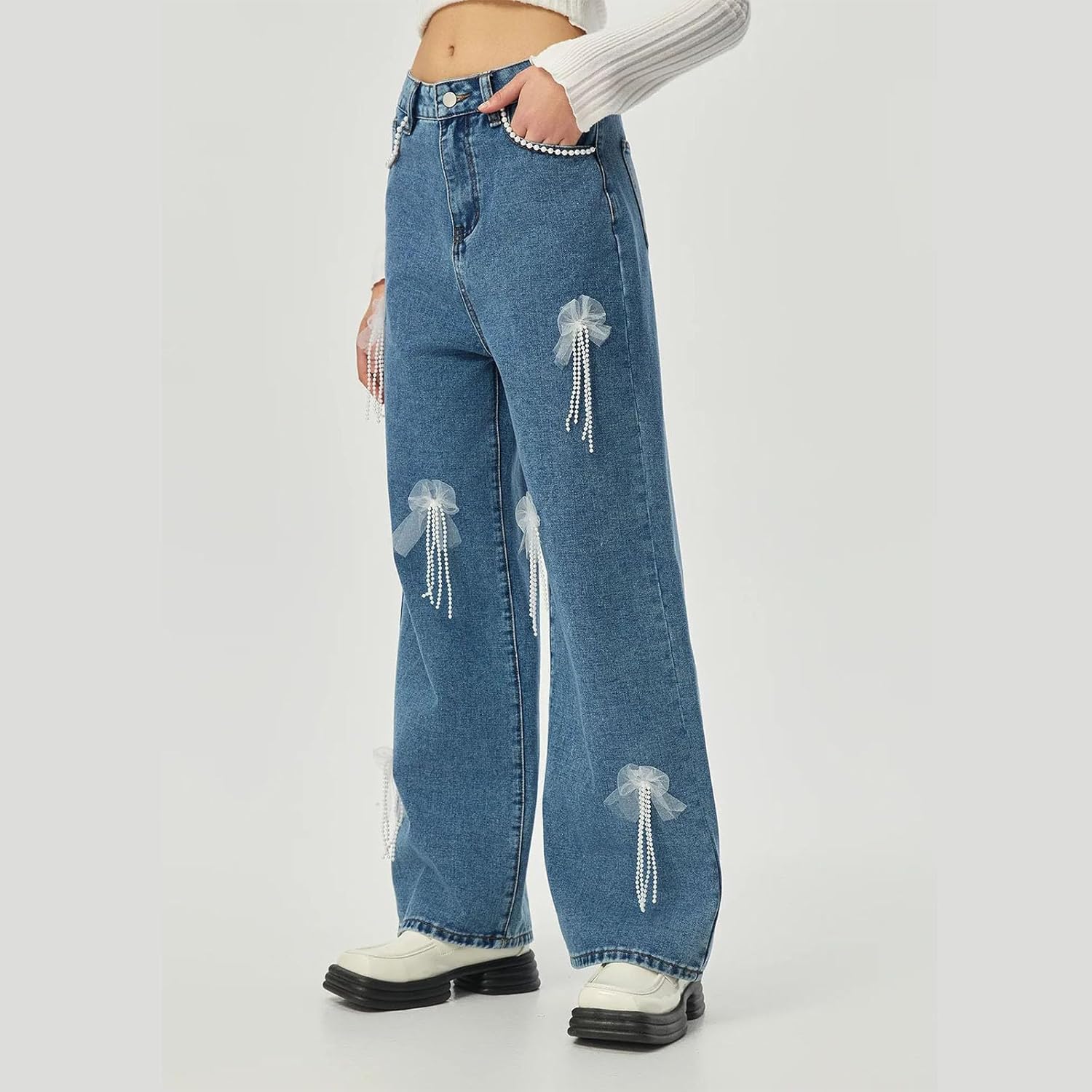 Baggy Jean for Women High Waist Wide Leg Cute Soft Denim Pant Solid Color Fashion Comfy Stretchy Fall Pearl Clothes