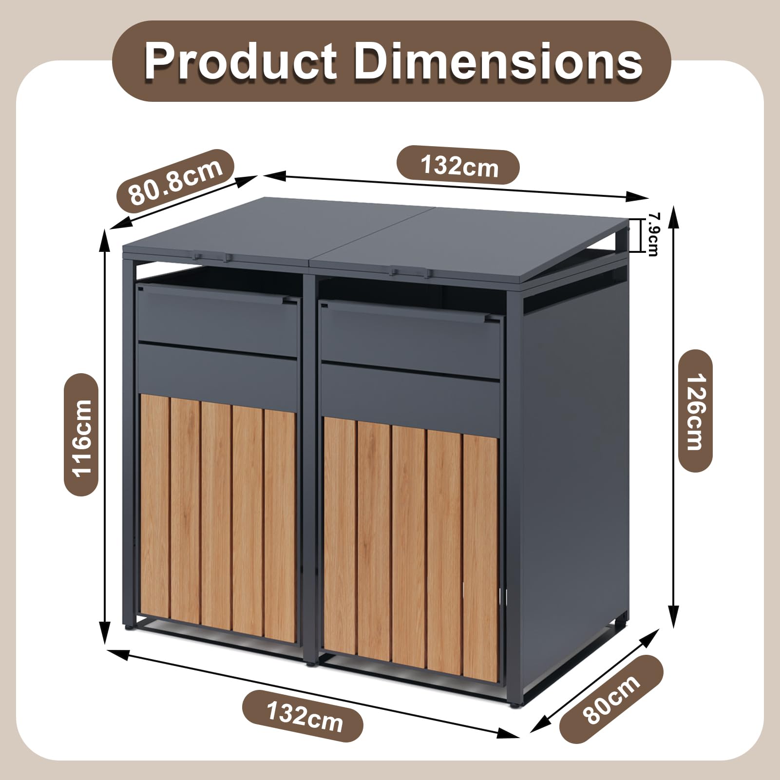 OMERAI Double Wheelie Bin Storage for 60-240 L,Weather-Resistant Outdoor Garden Bin Hideaway with Assisted Lift Lid Easy Use,Powder-Coated Steel Anthracite with Walnut Brown Doors — view 2