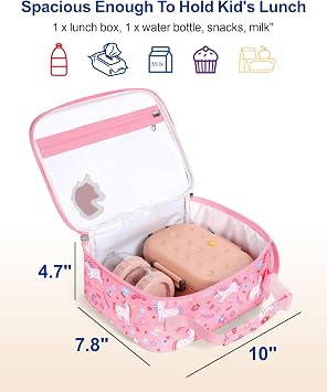 Bagseri Clear Kids Lunch Bag - School Snack Bag with Bottle Holder | Side Pocket, Buckle Handle, Wide Opening, PEVA Lining, School Girls Lunch Box, Clear Toy Bags, Pink Unicorn