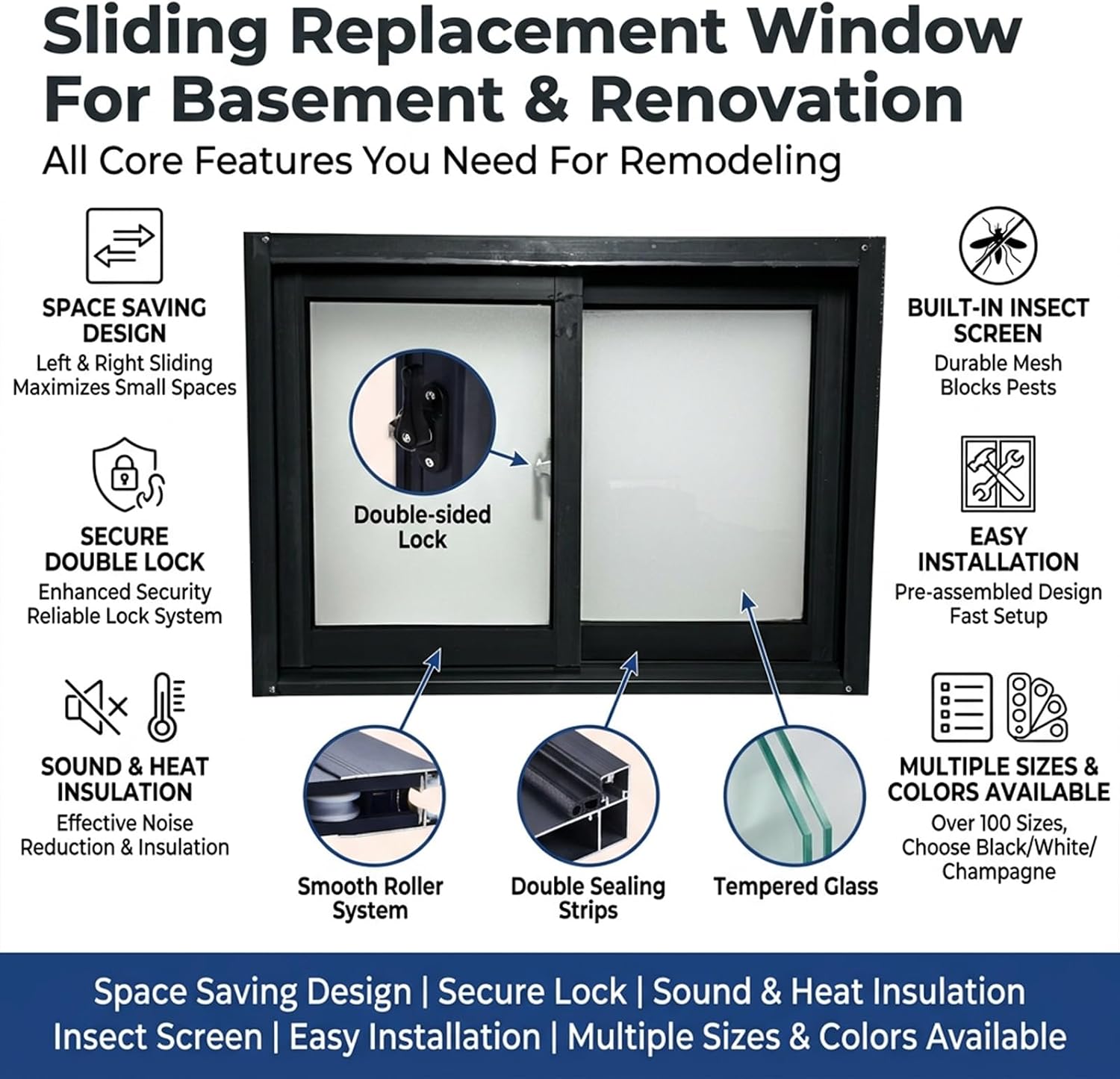 Basement Sliding Window, Durable Aluminum Alloy Replacement Windows for Homes, Horizontal Shed Window with Tempered Glass and Screen for Garage(White,28x18in)