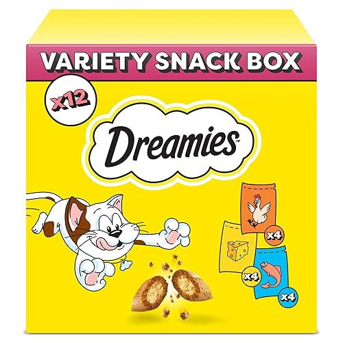 DREAMIES Katzensnacks - 12x60g - mit Huhn, Käse und Lachs - Traumhaft knusprige Katzen Leckerlies mit zarter Füllung - Variety Snack Box - Huhn, Käse & Lachs - 60 g (12er Pack)