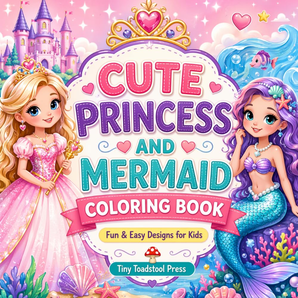 Cute Princess and Mermaid Coloring Book: Fun & Easy Designs for Kids (Tiny Toadstool Press Activity Collection)