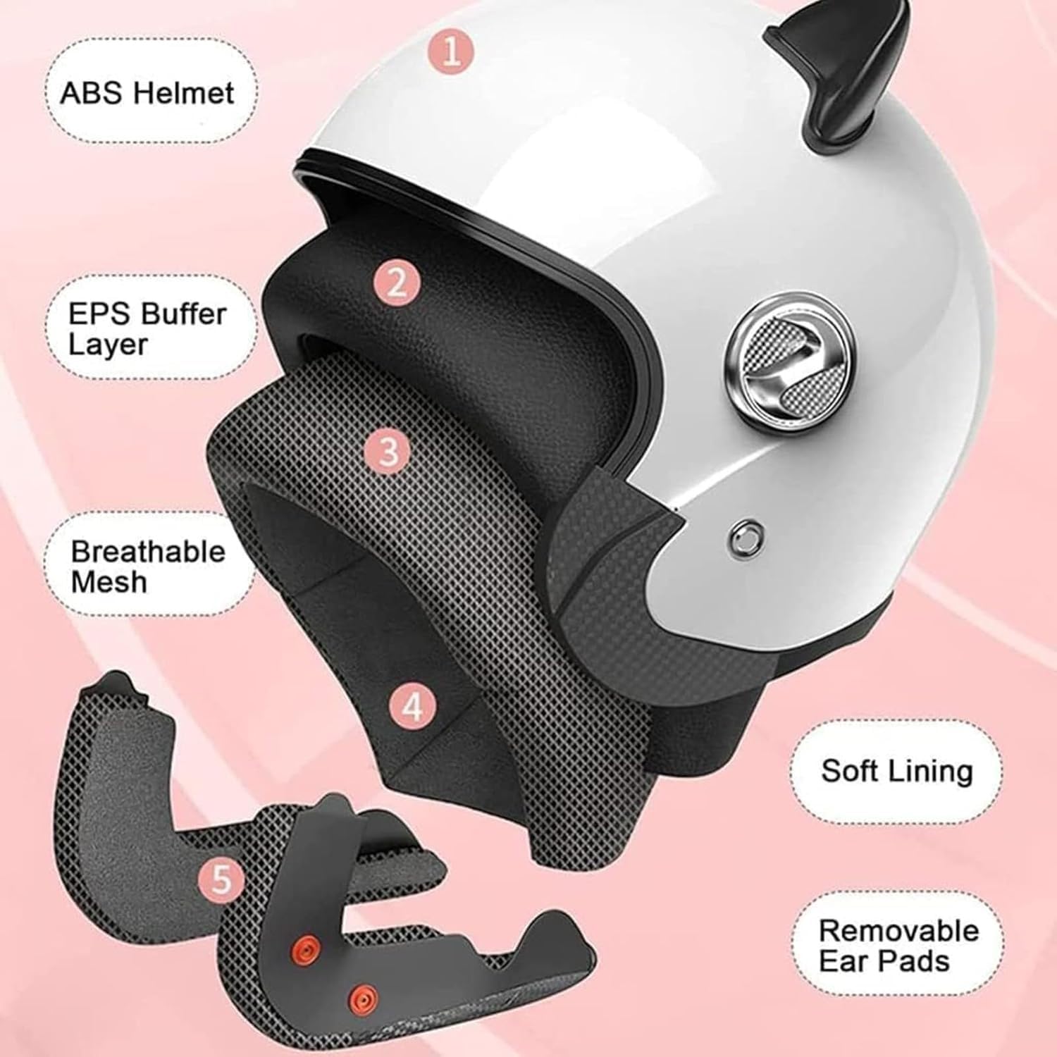 ECE/DOT-geprüfter 3/4-Open-Face-Retro-Motorradhelm – mit rosa Katzenohren und Sonnenblende, Halbgesichtshelm für Kinder, Jugendliche, Männer und Frauen A,50-64cm