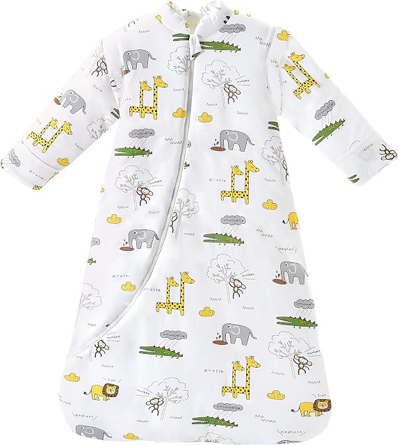 Chilsuessy Baby Winter Sleeping Bag with Detachable Long Sleeves 3.5 Tog Organic Cotton Sleeping Bag for Kids Sleeping Sack for Infant Toddler, Giraffe Park, 6-18 Months