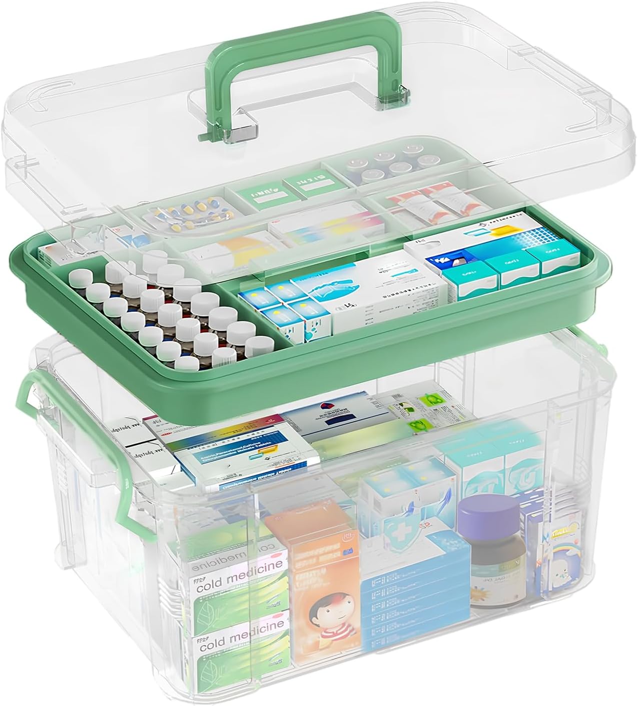 15QT Clear Medicine Organizer with Tray & Handle - Thickened Plastic Empty First Aid Box, Multipurpose Medical Case with Labels & Lid, Portable Medication Caddy for Home, Travel, Car