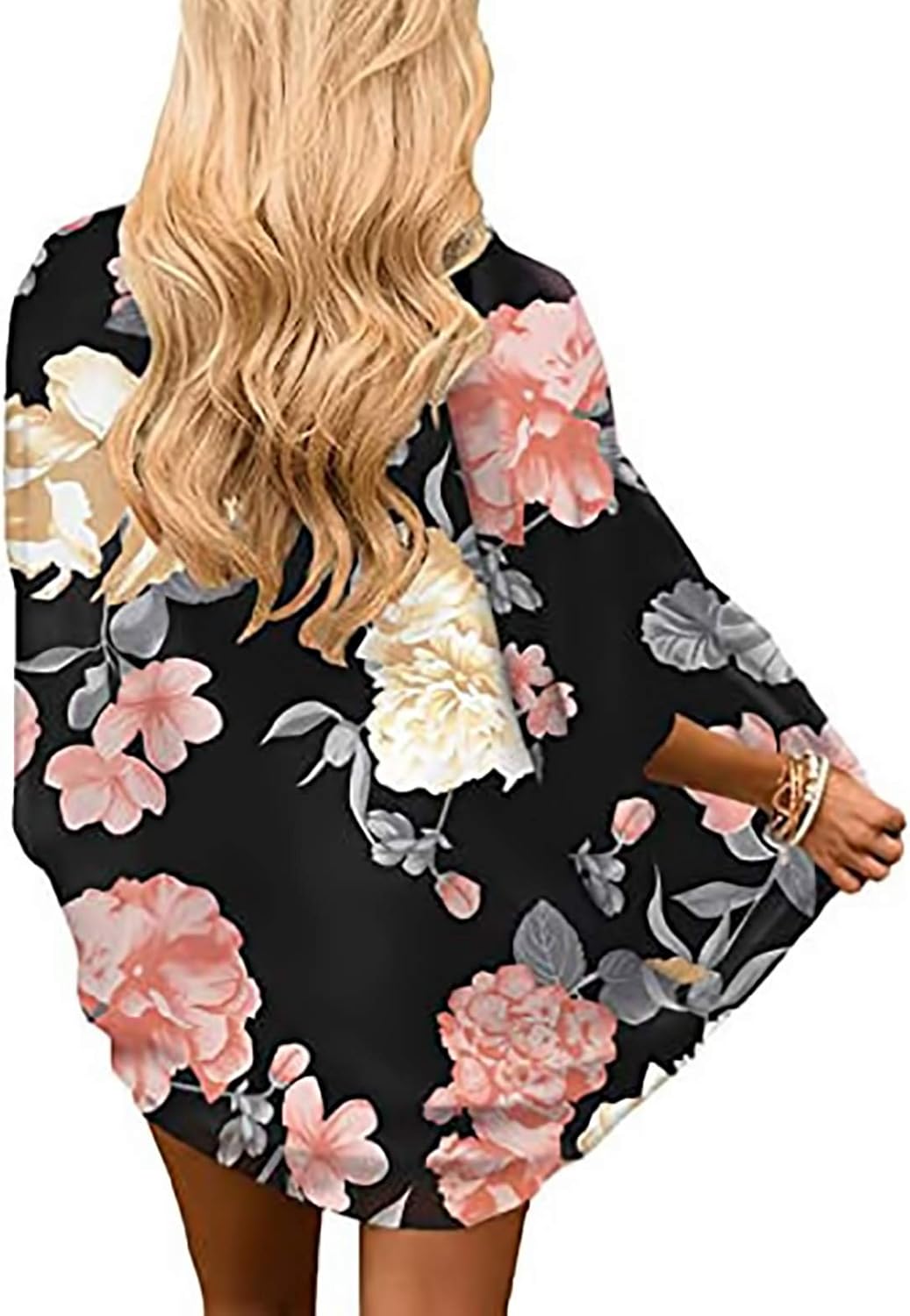 FINOCEANS Womens Floral Chiffon Kimono Cardigans Loose Beach Cover Up Half Sleeve Tops - Image 2