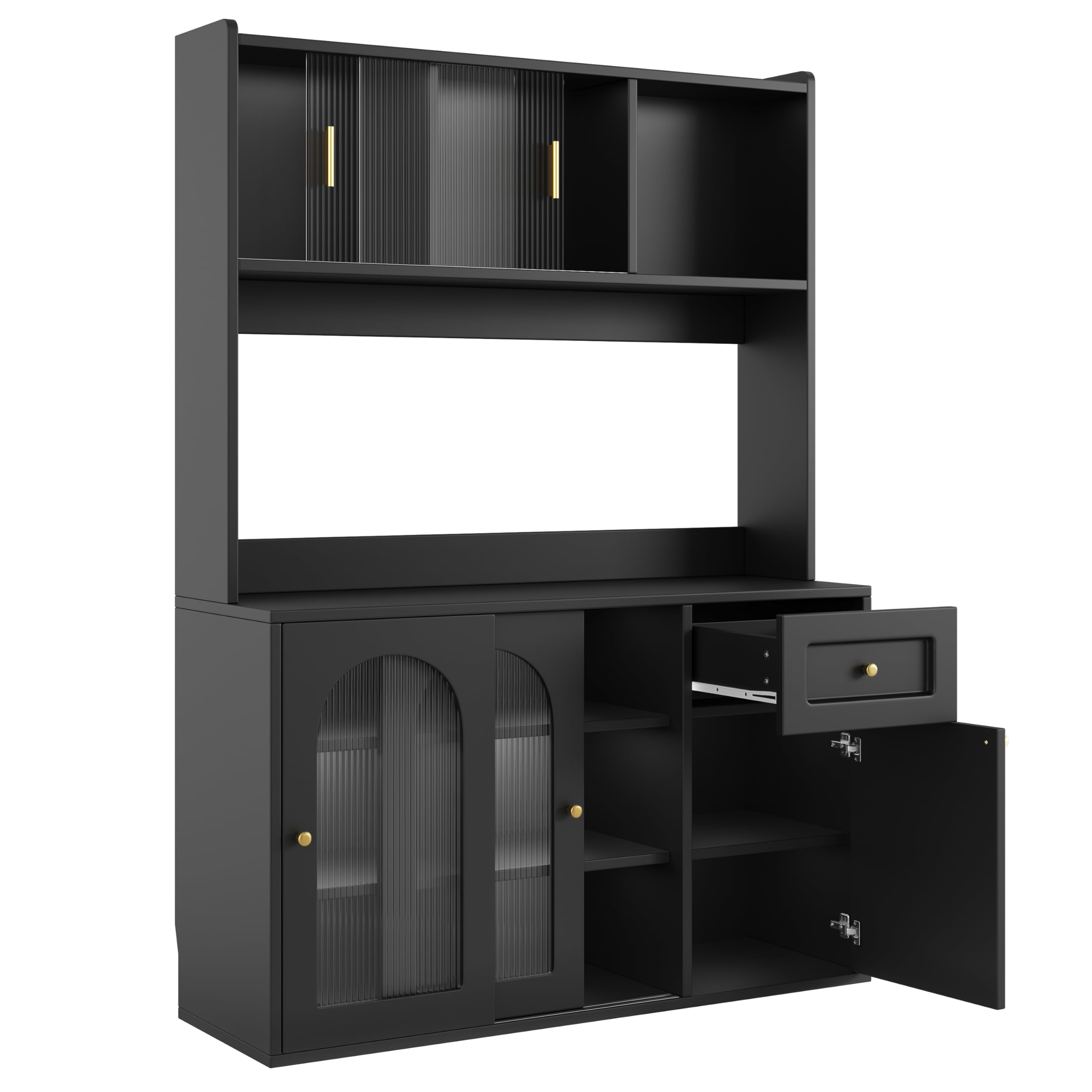 Armadio da cucina, armadio alto, vetrina, credenza da buffet con ripiani regolabili, armadio da sala da pranzo, credenza con illuminazione a LED, Nero