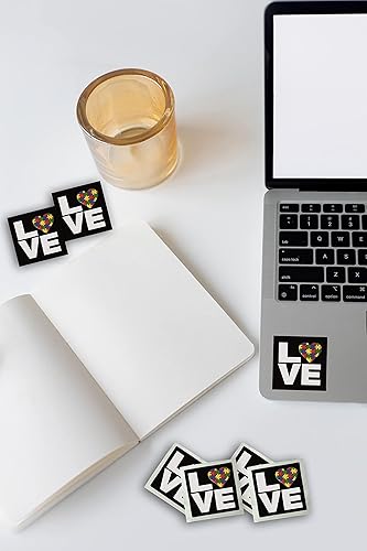 Miniatura 4 de 250 calcomanías cuadradas de concientización del amor sobre el autismo, calcomanías cuadradas negras para el amor con corazón lleno de rompecabezas