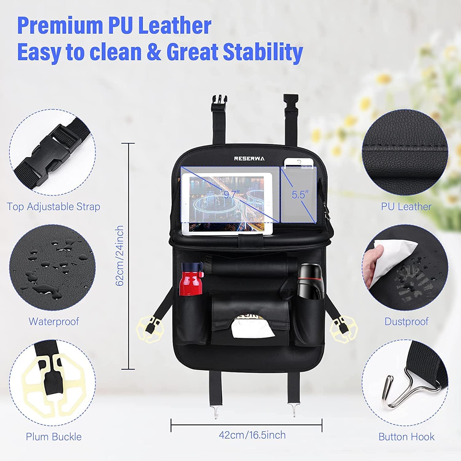 Car Back Seat Organizer PU Leather with Foldable Table Tray Car Organizer with Tissue Box/Cup/Umbrella Holder Kick Mats Car Backseat Organizer Protector Universal Use for Kids Car Travel Accessories