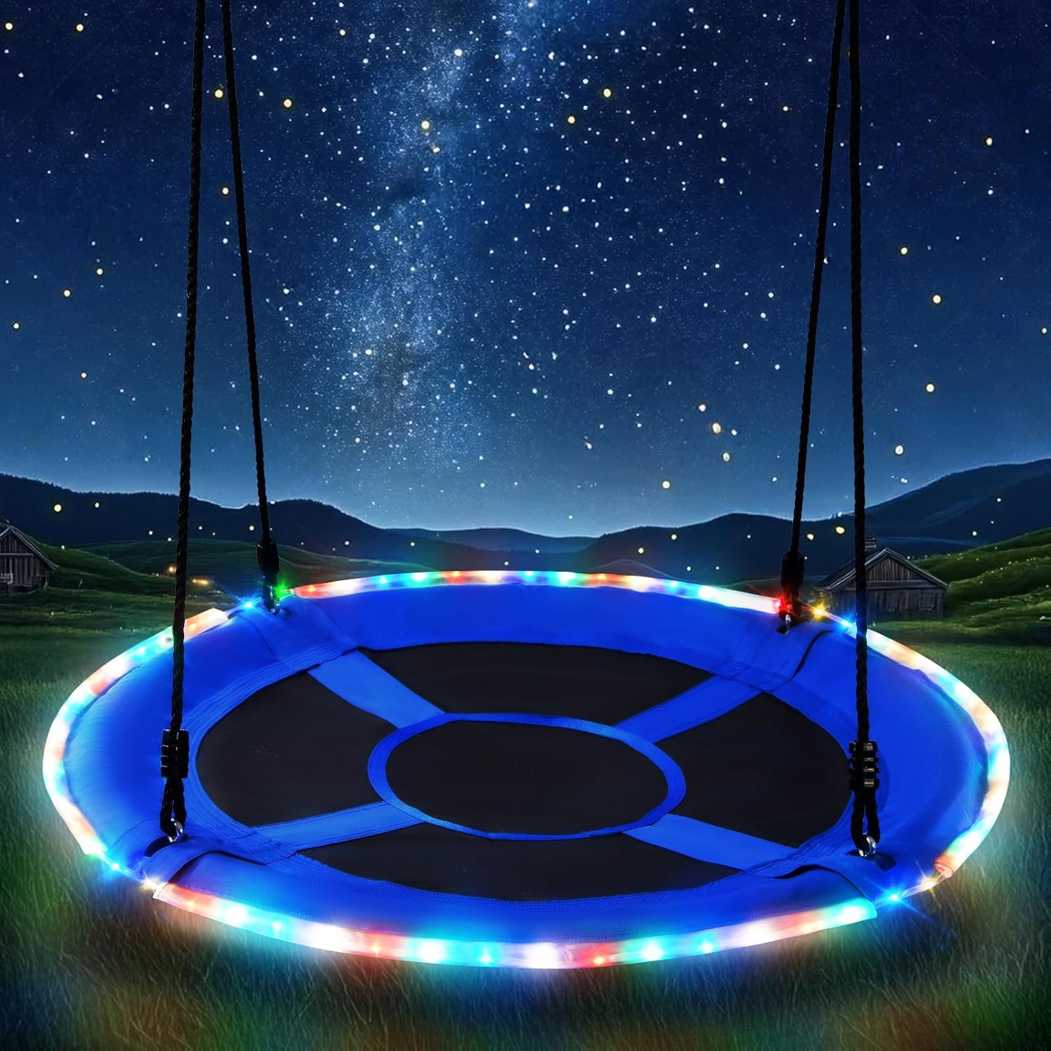 Trekassy 700lbs 40” Saucer Tree Swing with LED Lights for Kids Adults Outdoor 2 Tree Hanging Straps-Blue