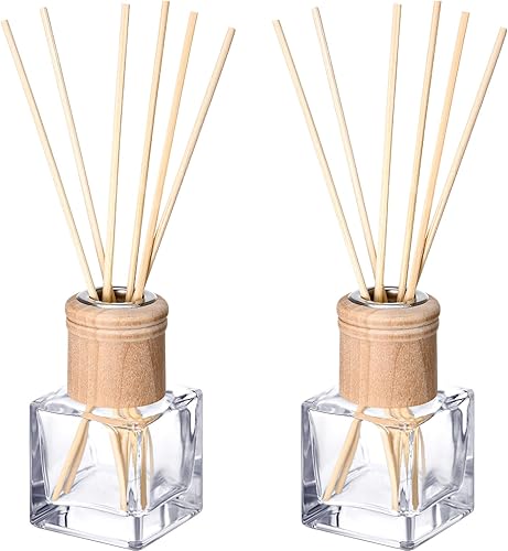 Roshtia Juego de 2 Botellas Difusoras de Varillas Vacías y Rellenables, Botellas Difusoras de Fragancia de Vidrio con Tapas de Madera, Varillas de