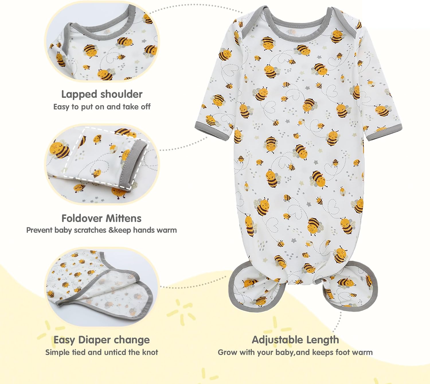 LAT Newborn Knotted Gown for Boy Girls,Baby Tie Gown Nightgown,Baby Sleeper with Matching Hat Set 3 Pack,Sleepwear Outfits - Image 2