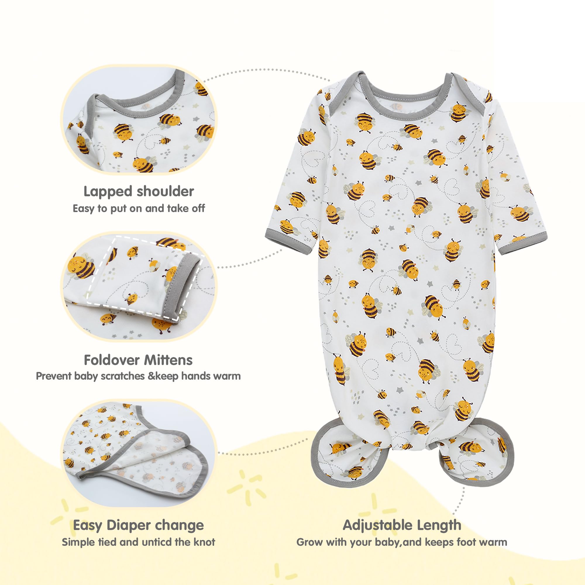 LAT Newborn Knotted Gown for Boy Girls,Baby Tie Gown Nightgown,Baby Sleeper with Matching Hat Set 3 Pack,Sleepwear Romper Sleeping Bags Outfits Home(Gray+Bee+Stars,3-6months)