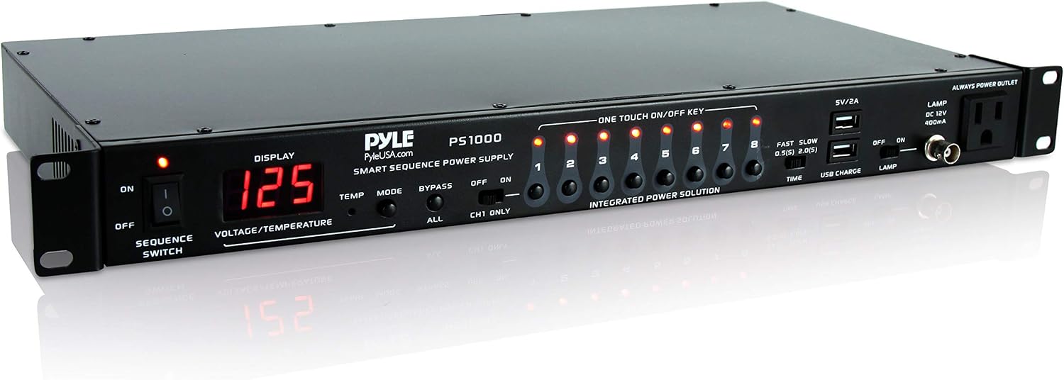 8 Outlet Power Sequencer Conditioner - 2200W Rack Mount Pro Audio Digital Power Supply Controller Regulator w/ Voltage Readout,Surge Protector,For Home Theater,Stage / Studio Use - Pyle PS1000 ,Black