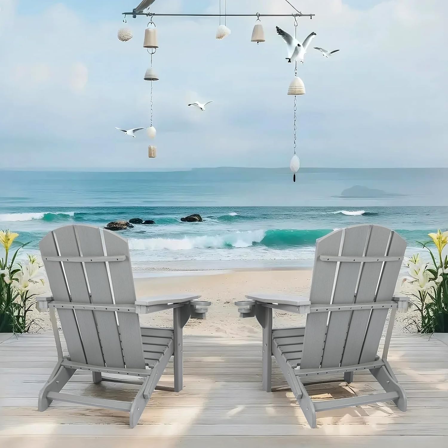 プラスチック製アディロンダックチェア 2個セット HDPE 折りたたみ式アディロンダックチェア カップホルダー2個付き 木製テクスチ