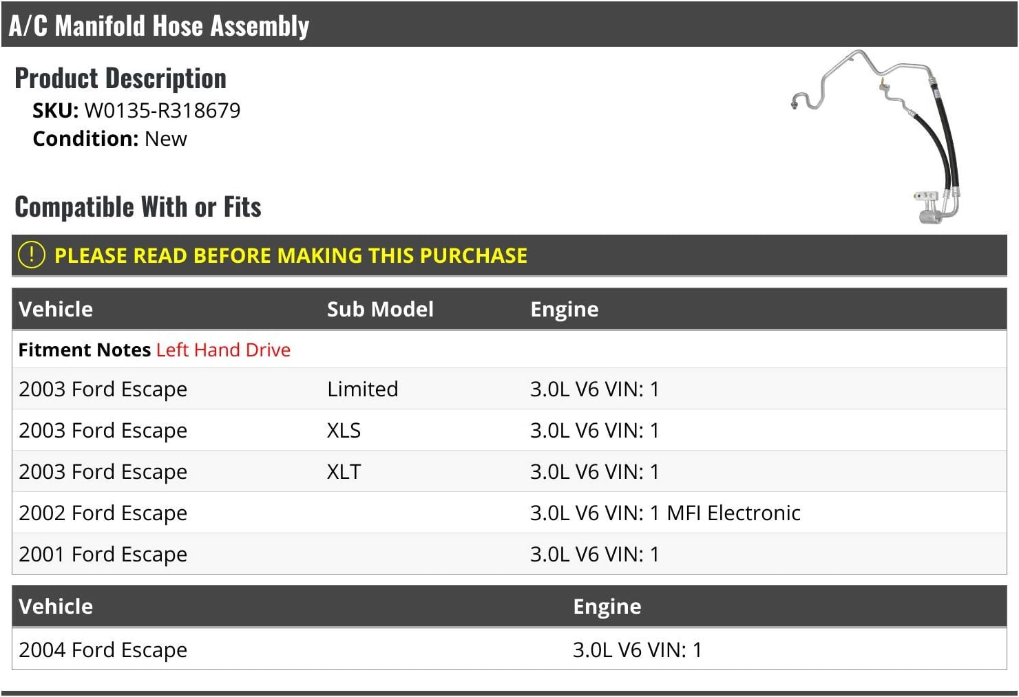 Marketplace Auto Parts A/C Manifold Hose Assembly - Compatible with 2001-2004 Ford Escape