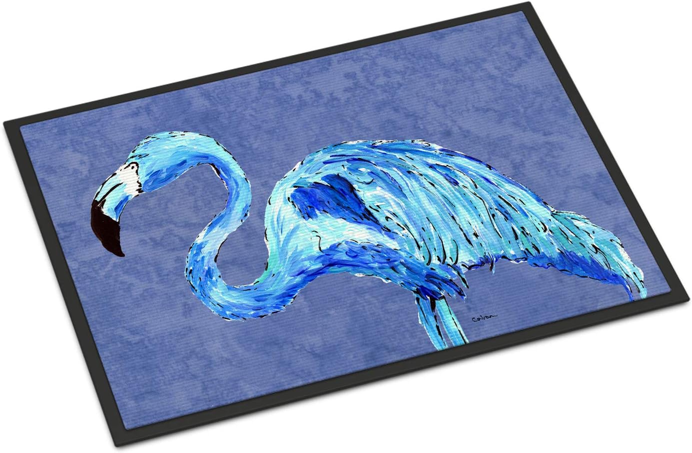 Caroline's Treasures 8873MAT Flamingo On Slate Blue Doormat 18x27 Front Door Mat Indoor Outdoor Rugs for Entryway, Non Slip Washable Low Pile, 18H X 27W