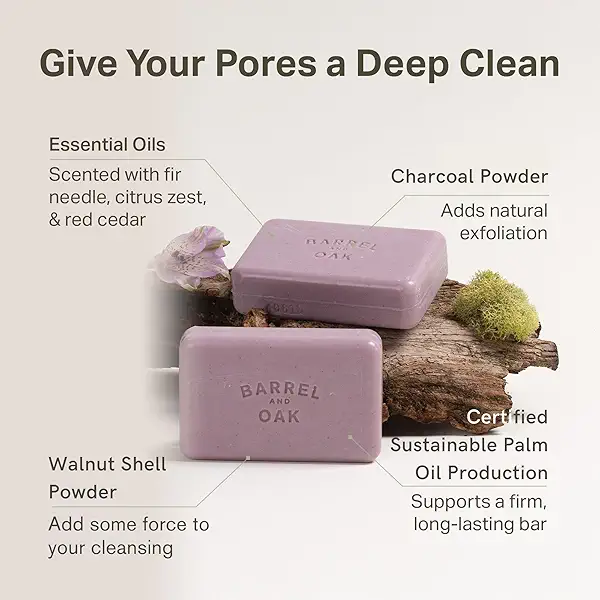 Barrel & Oak Exfoliating Bar Soap for Men, Walnut Shell Powder Scrub with Essential Oils, Deep Cleansing Vegan Body Soap, SLS Free Grooming Bar, 6 oz, Woodland Birch 3