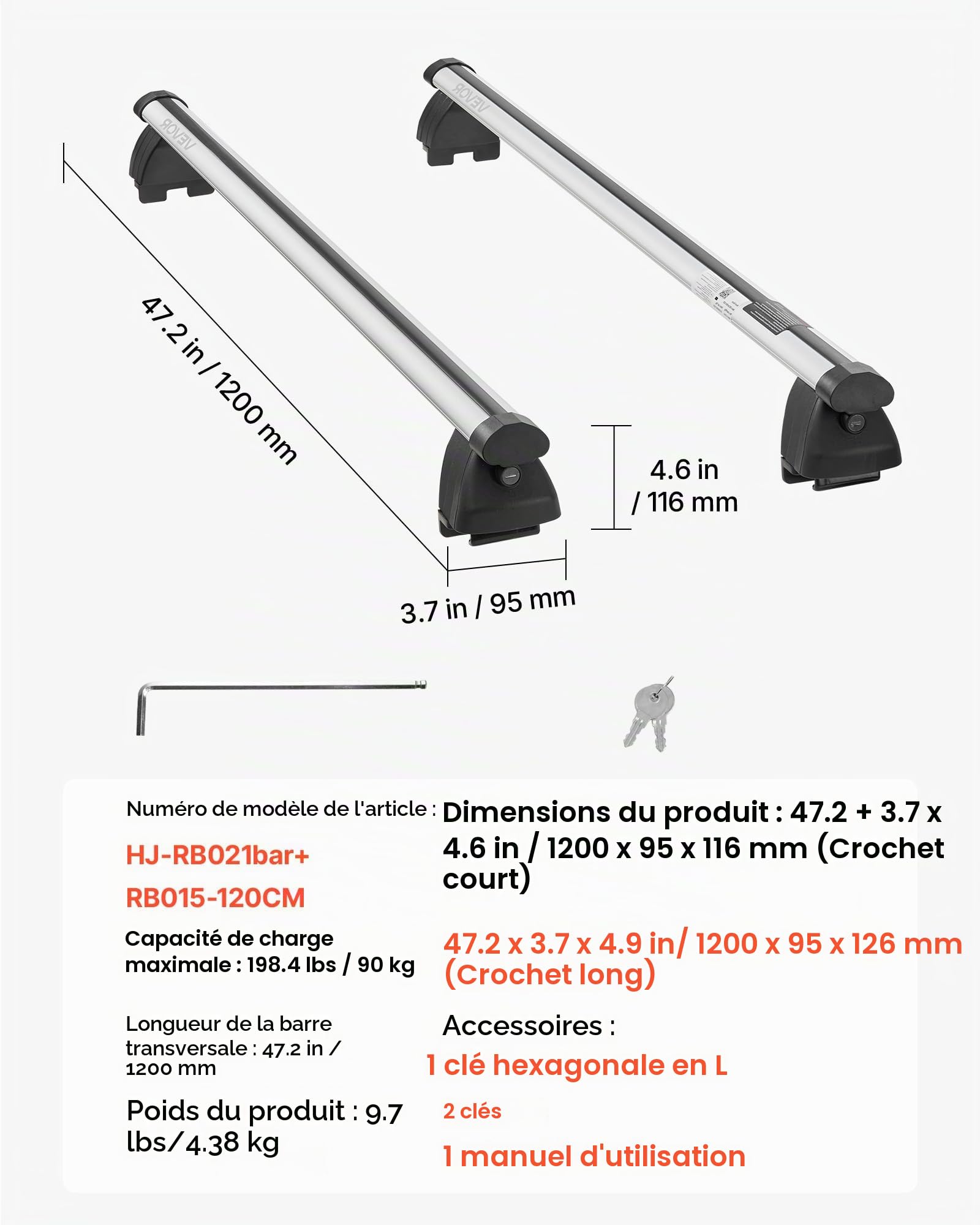 VEVOR Barres Transversales de Toit, Barre Porte Bagages Charge 90 kg 120 cm, pour Rails de Toit Surélevés et Intégrés avec Écartement 18-108,5 cm, en Aluminium, pour Panier Galerie Camping Voyage