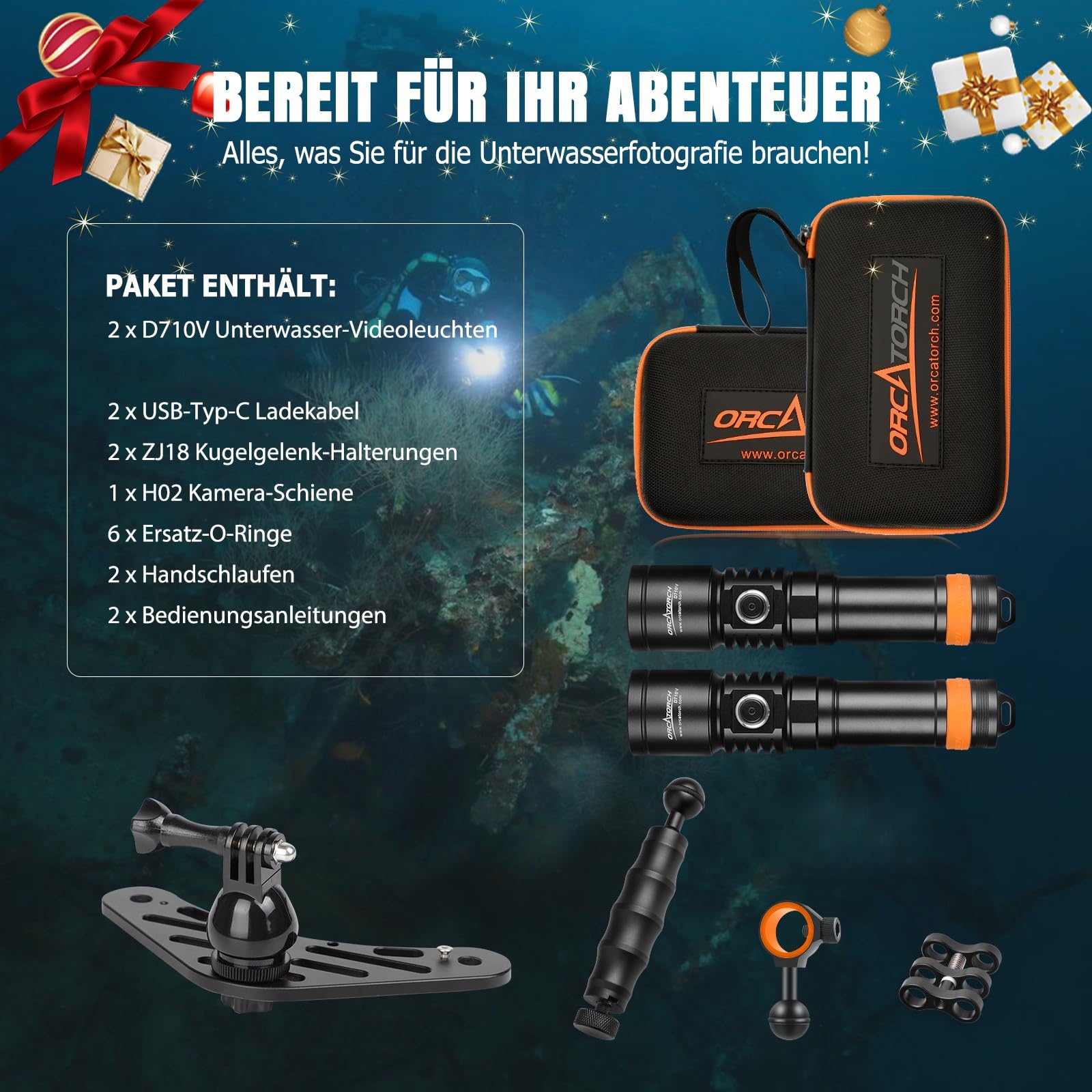 ORCATORCH D710V MK2 Duales Videolicht Tauchen Set 4600 Lumen, 120° Weitwinkel Unterwasser Tauchlampe Weiß Rot Fluoreszenzlicht, Kamera Schiene Halterung IP68 150 m für Unterwasserfotografie