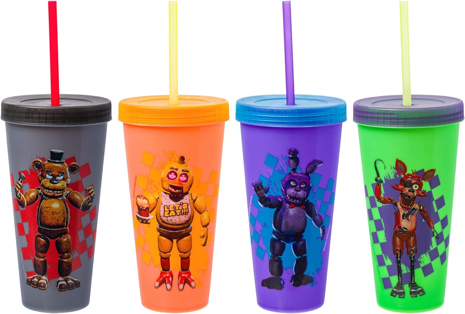 Silver Buffalo Five Nights at Freddy's 4 Pack Color Changing Plastic Tumblers Featuring Freddy Fazbear, Bonnie, Chica, and Foxy, 24 Ounces