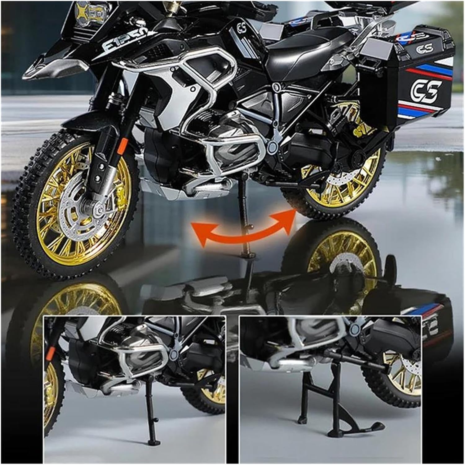 HASCBUYC 1/10 Compatible with R1250 GS ADV Metal Diecast Racing Motorcycle - Precision-Crafted Craft with Sound & Light, Convertible Fairing & Removable Guards for Motorsport Enthusiasts Gift(Black)