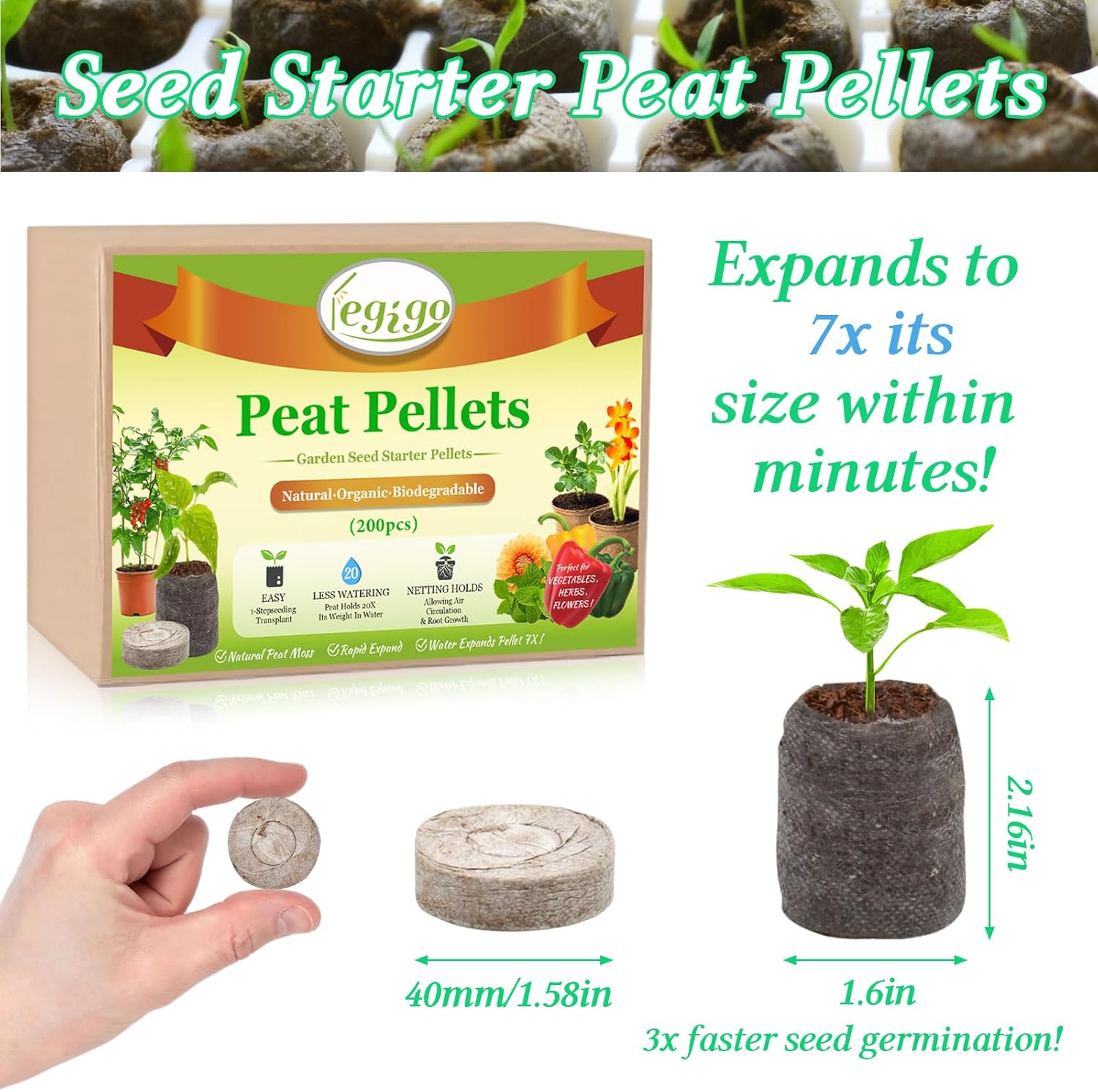 Legigo 200 PCS 40mm Peat Pellets Seed Starter Soil, Compressed Seed Starting Pods Plant Starter Soil Pods Plugs for Seedlings, Peat Pods for Starting Seeds, Herbs Tomatoes Flowers and Vegetables