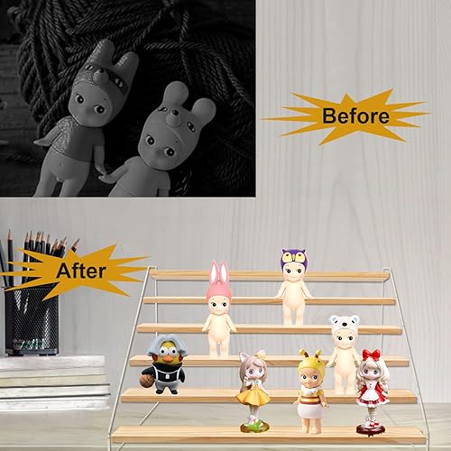 Miniatura 7 de Paquete de 2 soportes de exhibición de acrílico de madera, organizador de estantes de madera escalonados de 6 escalones, estantes de mesa para