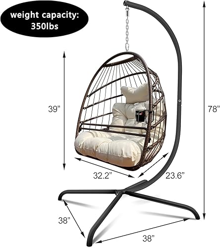 Miniatura 5 de JESE Silla columpio con soporte de mimbre, resistente a los rayos UV, impermeable, sillas colgantes con soporte para tazas, capacidad de 350 libras