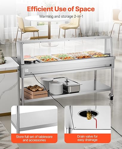 Miniatura 6 de VEVOR Calentador de alimentos comercial, 8 sartenes + 2 ollas, mesa de vapor eléctrica, calentador de alimentos profesional de 1800 W con ruedas de