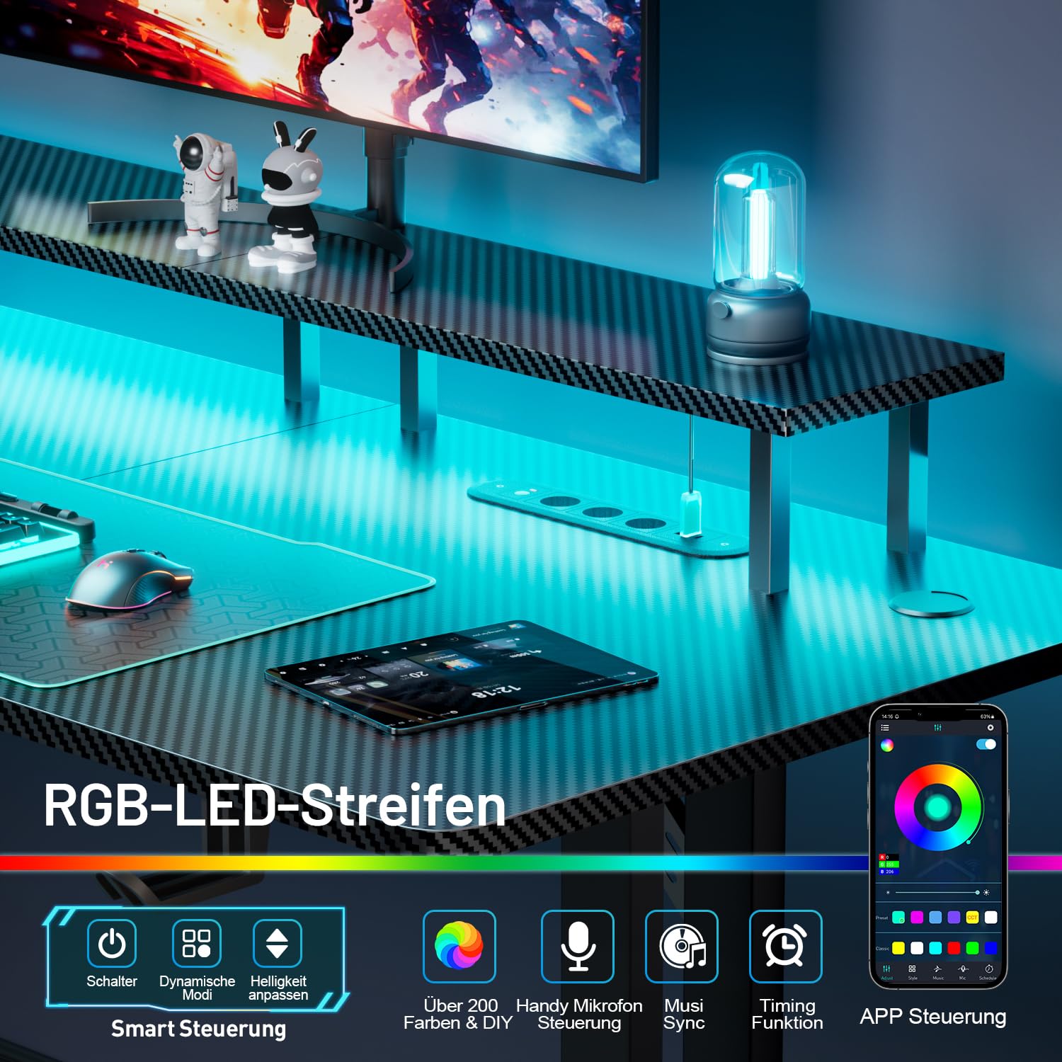 HLONONE Gaming Tisch mit LED & Steckdose, 140 x 60 cm, PC Tisch Schwarz | Computertisch mit Monitorständer, Typ-C-Anschluss & 2 USB-A-Anschlüssen, für Gaming und Büro