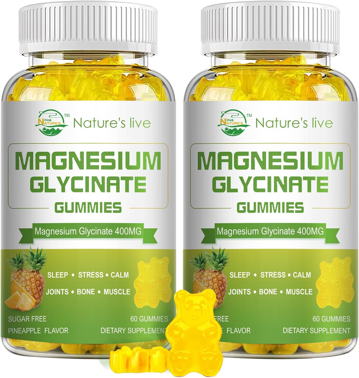 Magnesium Glycinate Gummies, Sugar Free Magnesium Supplement with Magnesium Glycinate 400mg, Magnesium L-Threonate 200mg for Calm Mood, Muscle, Bone & Sleep for Adults, 120 Pineapple Gummies