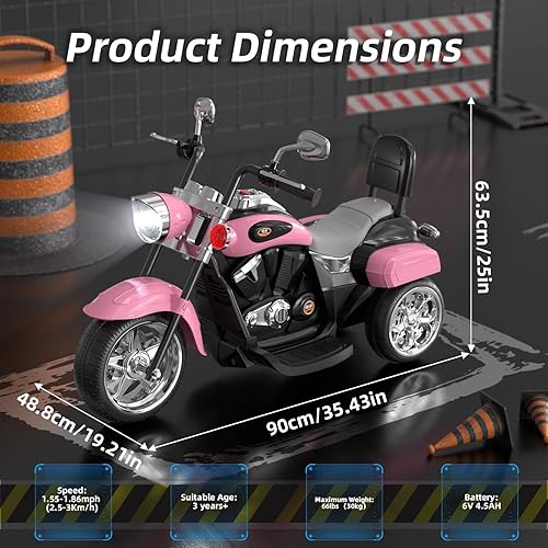 Miniatura 7 de XJD Motocicleta eléctrica para niños, batería de 6V con claxon y faro, certificada ASTM, juguete de 3 ruedas para montar para niños, motocicleta Rosa