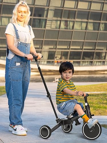Miniatura 8 de XJD Bicicleta para niños pequeños, triciclo plegable 6 en 1 para niños de 1 a 4 años con mango de control parental, bicicleta de equilibrio con