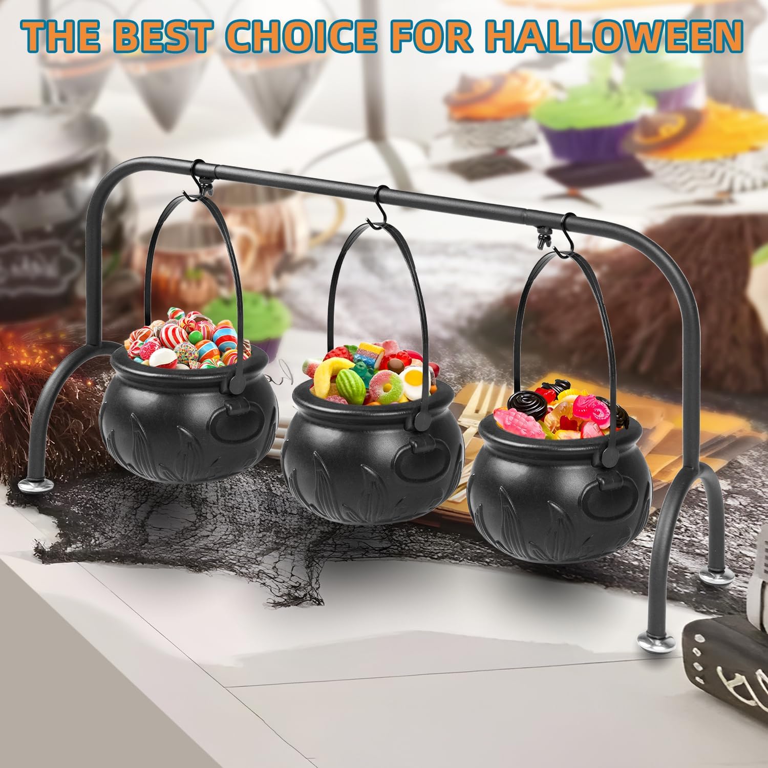 Halloween Decorations, Set of 3 Witches Cauldron Candy Serving Bowl on Rack