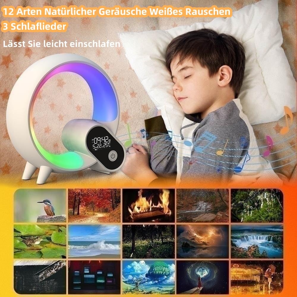 LED Nachttischlampe Lichtwecker, Wake Up Light Smart Wecker Simuliert, APP Steuerung Sonnenaufgang Bluetooth Lautsprecher, 16 Mio. Nachtlicht 256 Lichtmuster, Schwarz